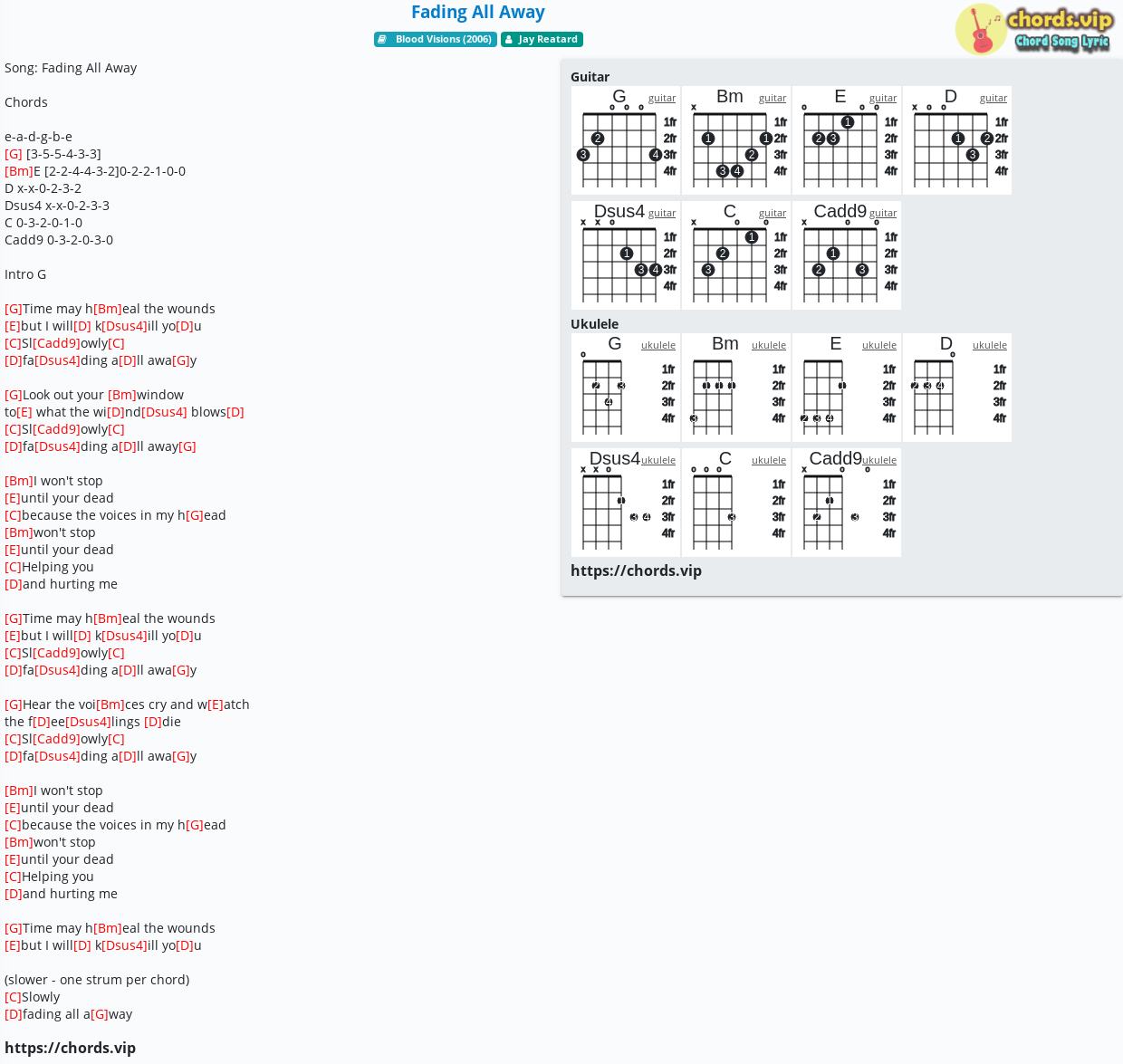 Chord Fading All Away Jay Reatard Tab Song Lyric Sheet Guitar Ukulele Chords Vip