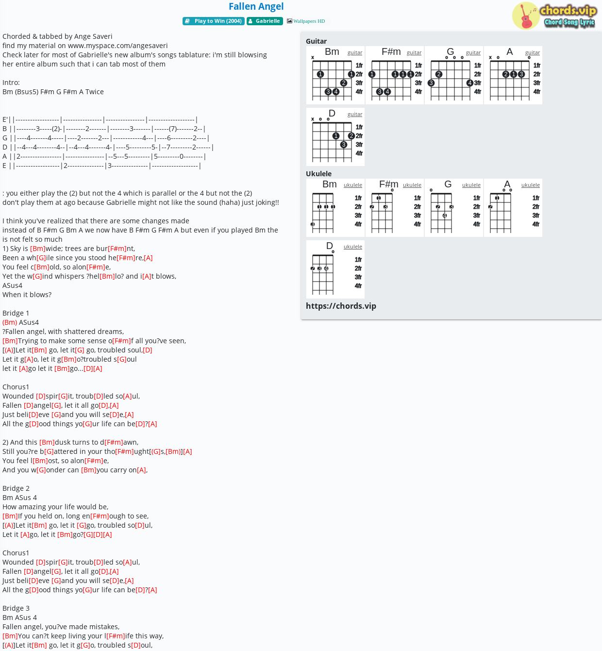 Chord Fallen Angel Gabrielle Tab Song Lyric Sheet Guitar Ukulele Chords Vip