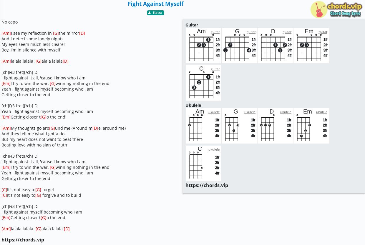 Chord Fight Against Myself Elaiza Tab Song Lyric Sheet Guitar Ukulele Chords Vip