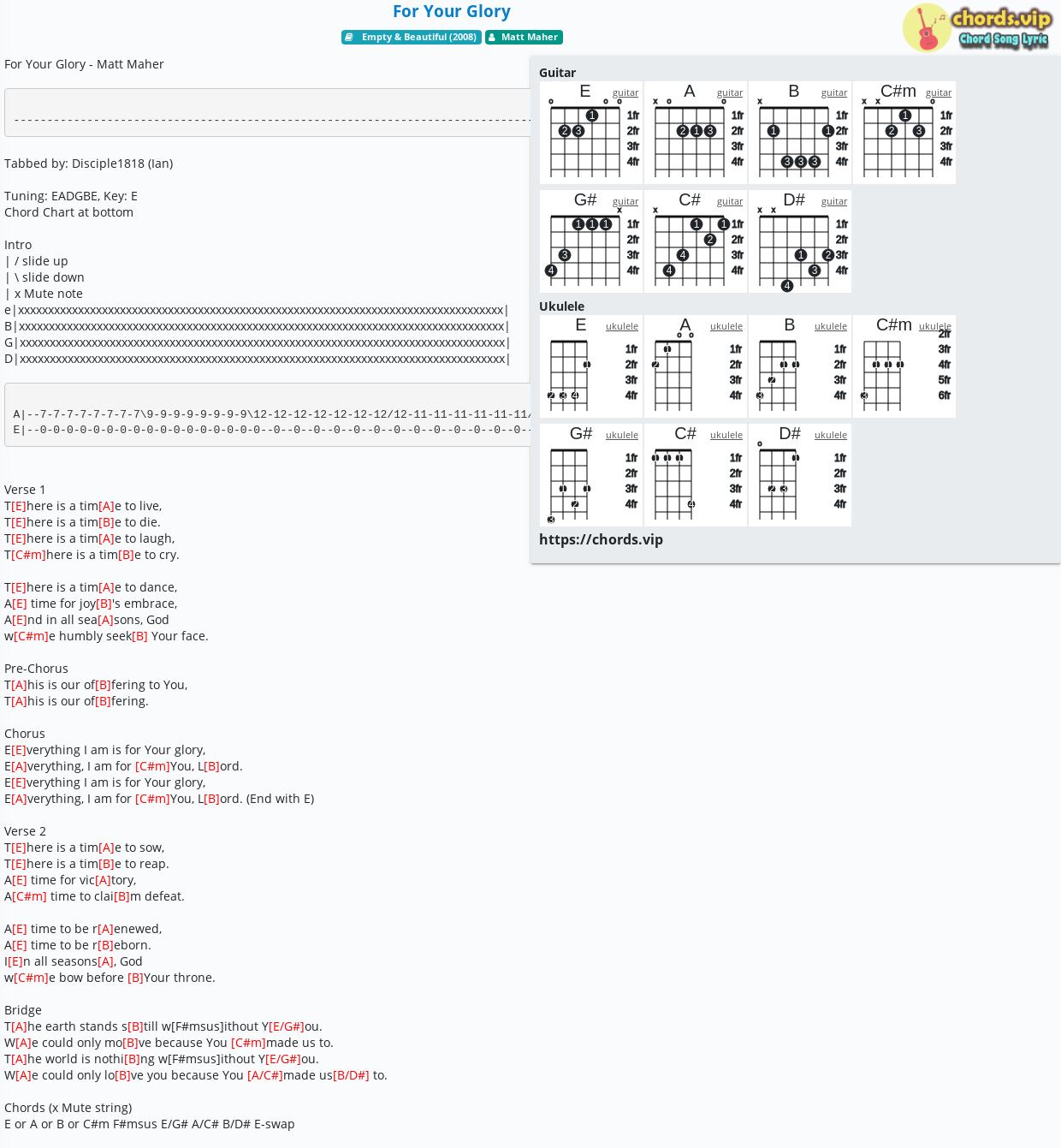 Chord For Your Glory Matt Maher Tab Song Lyric Sheet Guitar Ukulele Chords Vip