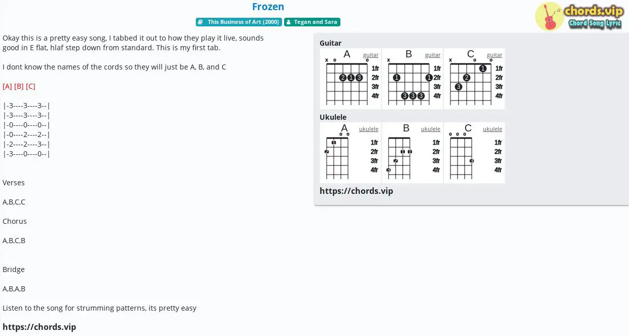 Chord Frozen Tegan And Sara Tab Song Lyric Sheet Guitar Ukulele Chords Vip