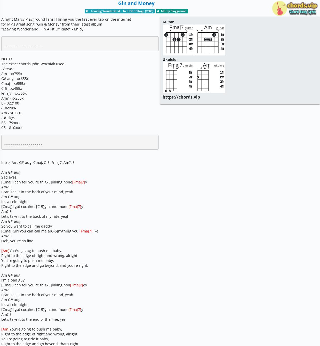 Chord Gin And Money Marcy Playground Tab Song Lyric Sheet Guitar Ukulele Chords Vip