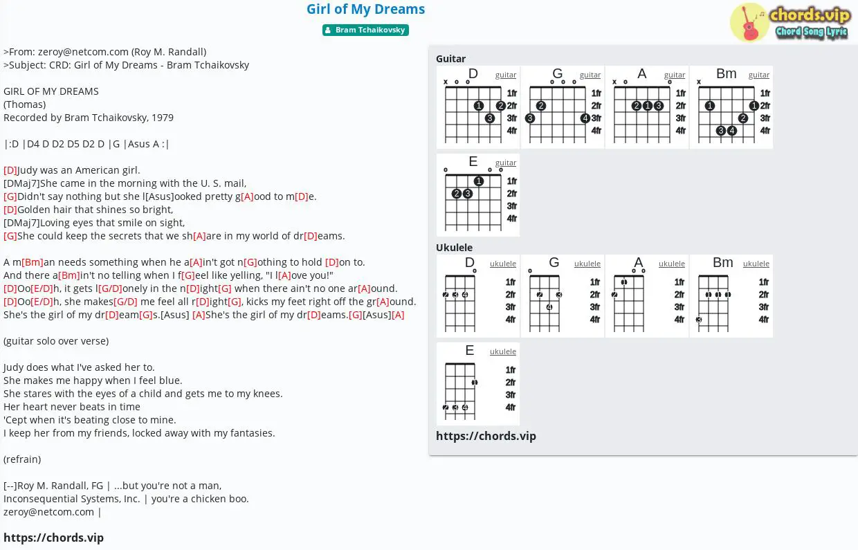 Chord Girl Of My Dreams Bram Tchaikovsky Tab Song Lyric Sheet Guitar Ukulele Chords Vip