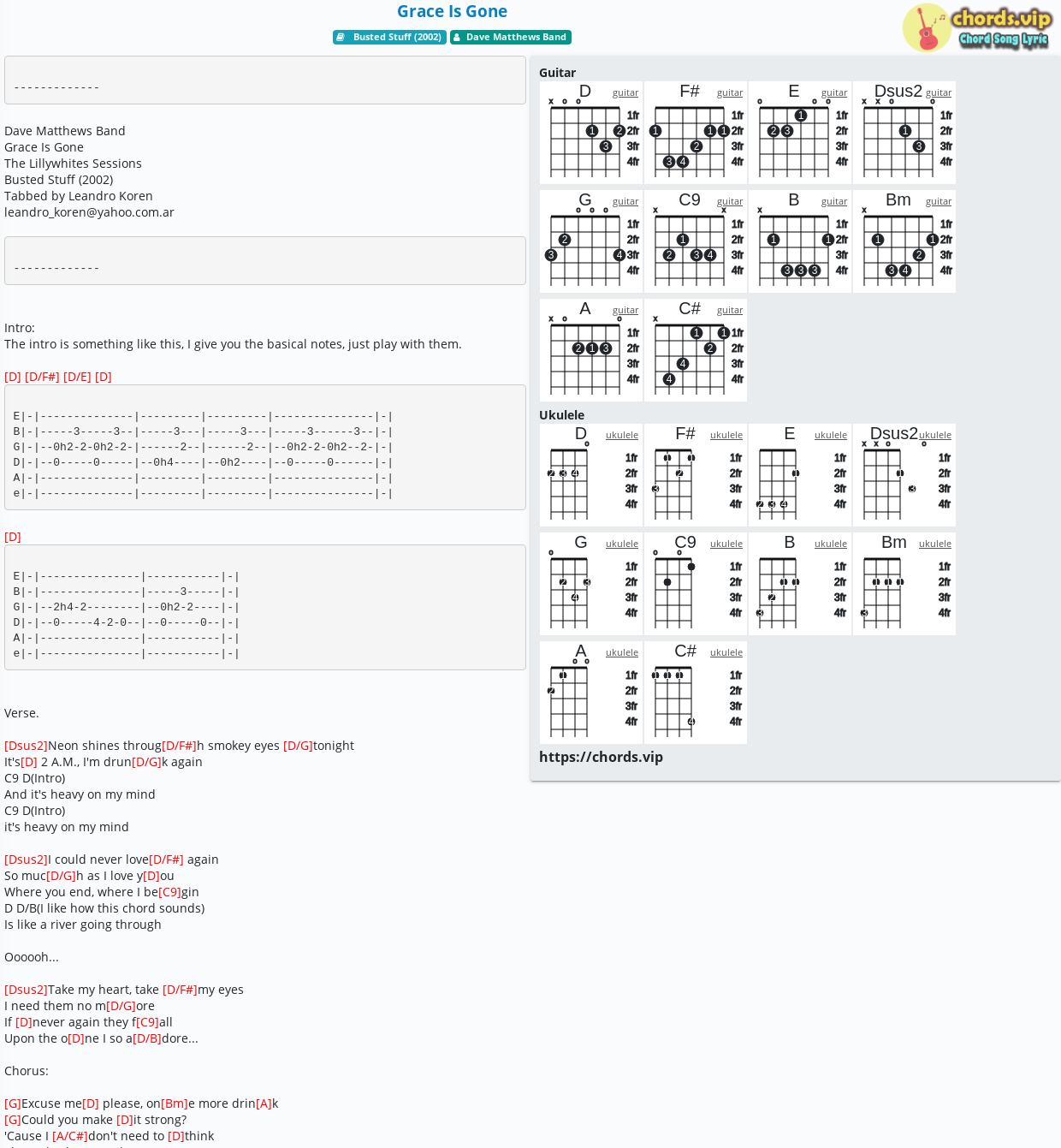 Chord Grace Is Gone Dave Matthews Band Tab Song Lyric Sheet Guitar Ukulele Chords Vip