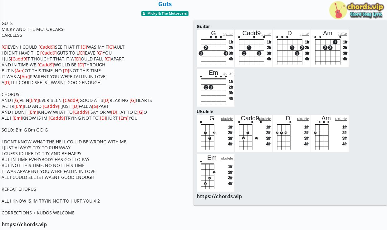 Chord Guts tab, song lyric, sheet, guitar, ukulele chords.vip