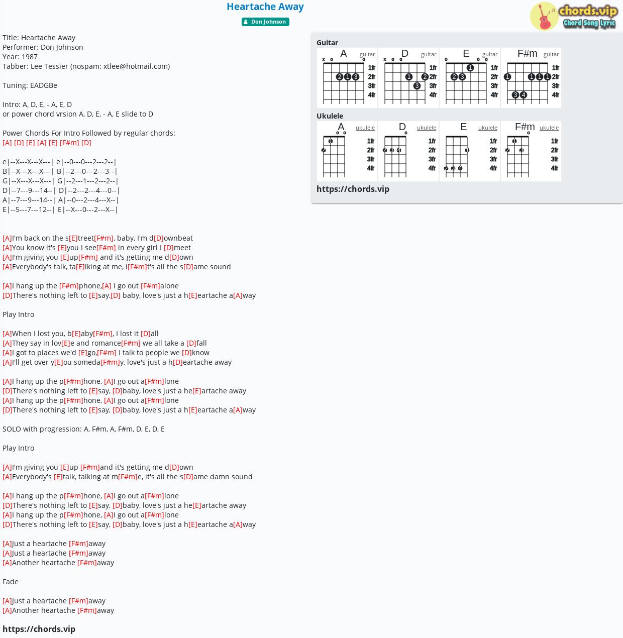 Chord Heartache Away Don Johnson Tab Song Lyric Sheet Guitar Ukulele Chords Vip
