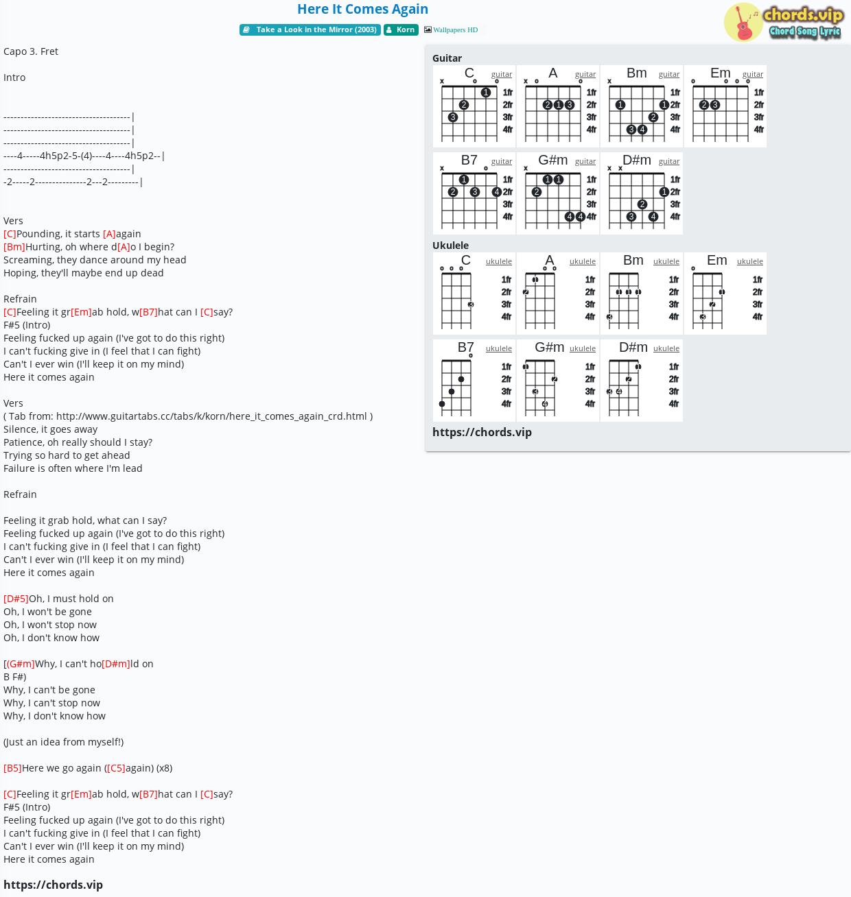 Chord Here It Comes Again Korn tab, song lyric, sheet, guitar