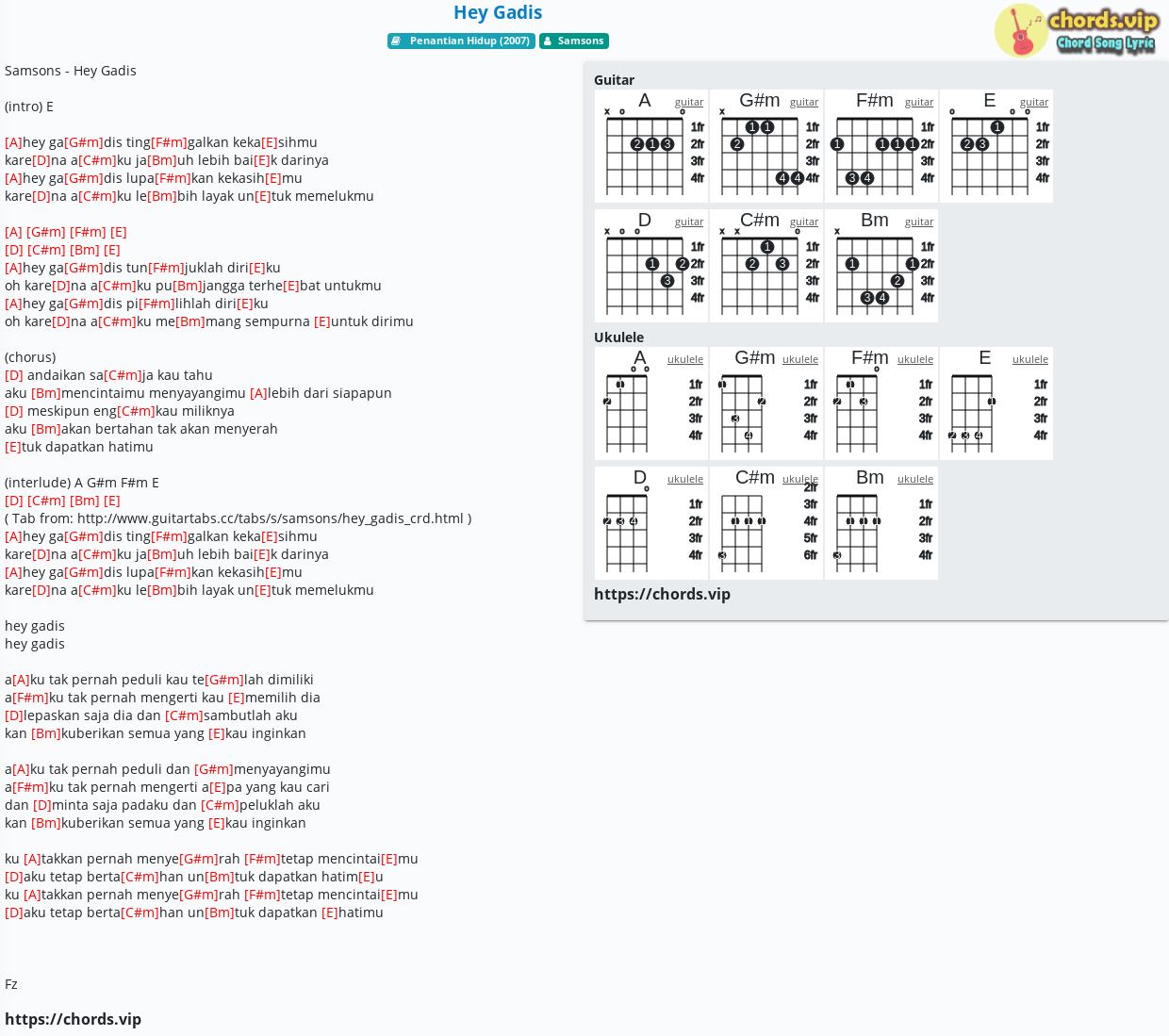 Chord Hey Gadis Samsons Tab Song Lyric Sheet Guitar Ukulele Chords Vip