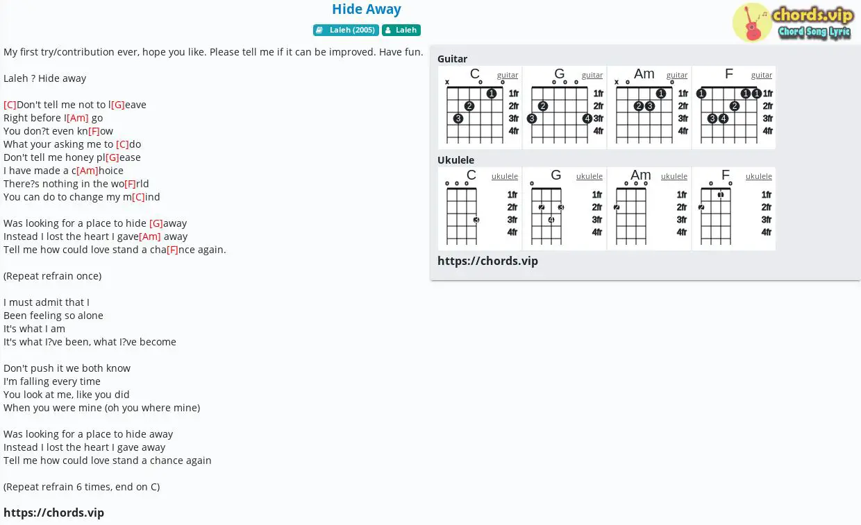 Chord Hide Away Laleh Tab Song Lyric Sheet Guitar Ukulele Chords Vip