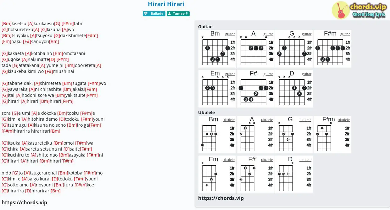 Chord Hirari Hirari Tamaz P Tab Song Lyric Sheet Guitar Ukulele Chords Vip