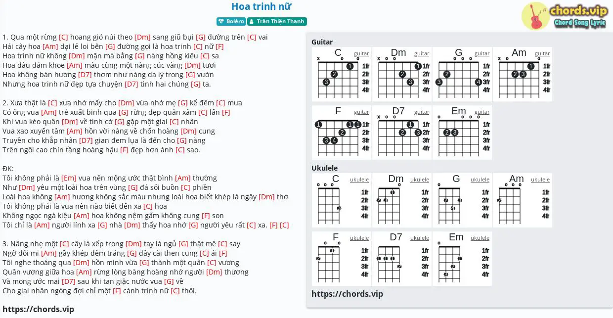 Hợp âm: Hoa trinh nữ - Trần Thiện Thanh - cảm âm, tab guitar, ukulele - lời bài hát | chords.vip