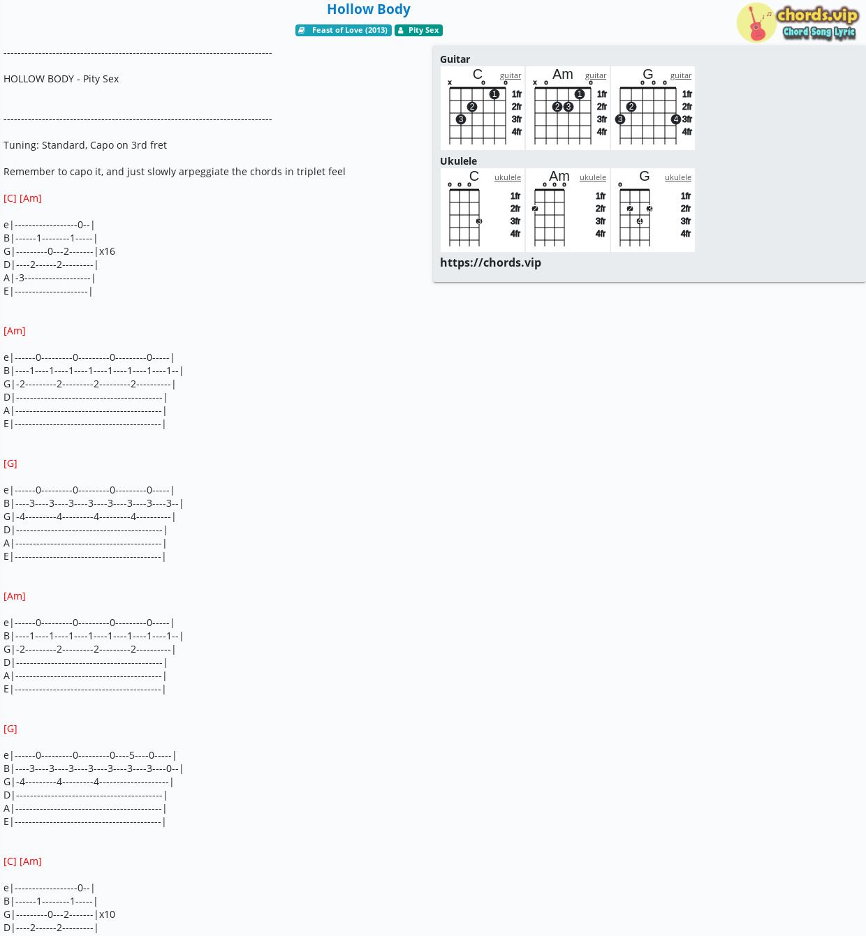 Hợp âm Hollow Body Pity Sex Cảm âm Tab Guitar Ukulele Lời Bài Hát Chordsvip 