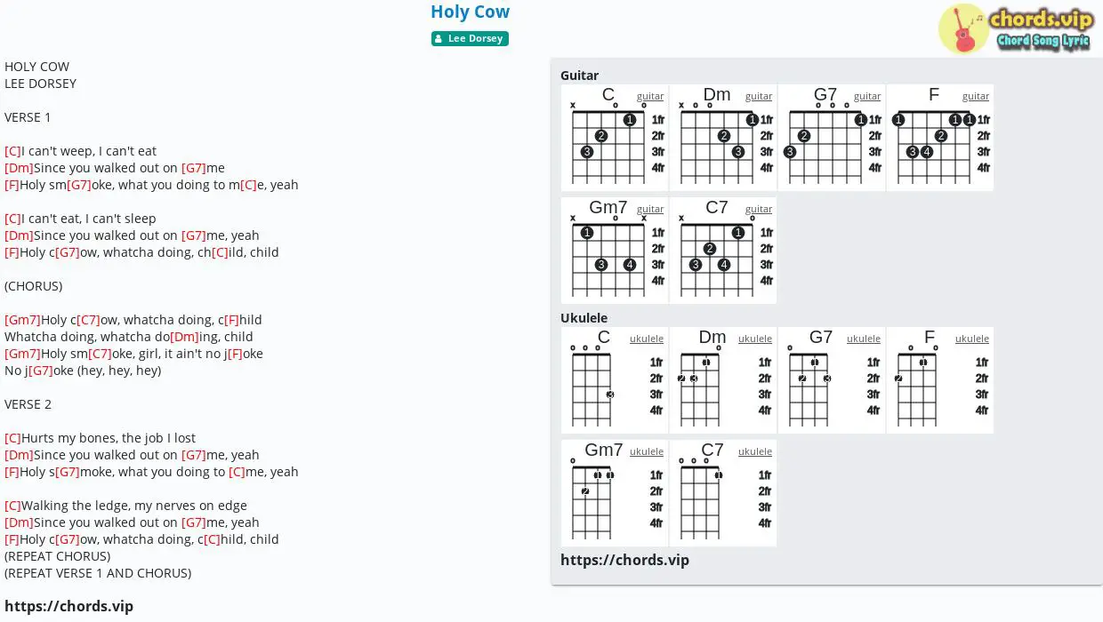 Chord Holy Cow Lee Dorsey Tab Song Lyric Sheet Guitar Ukulele Chords Vip