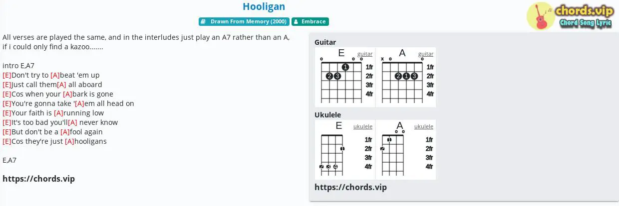 Chord Hooligan Embrace Tab Song Lyric Sheet Guitar Ukulele Chords Vip