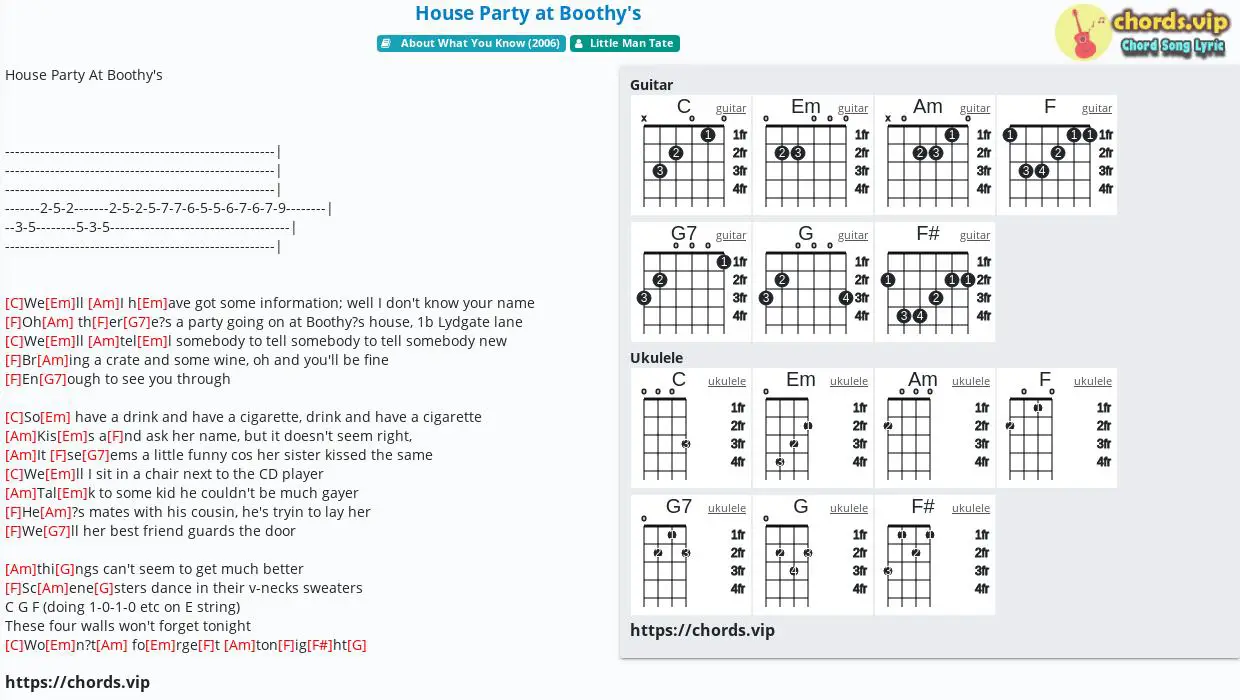 Chord House Party At Boothy S Little Man Tate Tab Song Lyric Sheet Guitar Ukulele Chords Vip