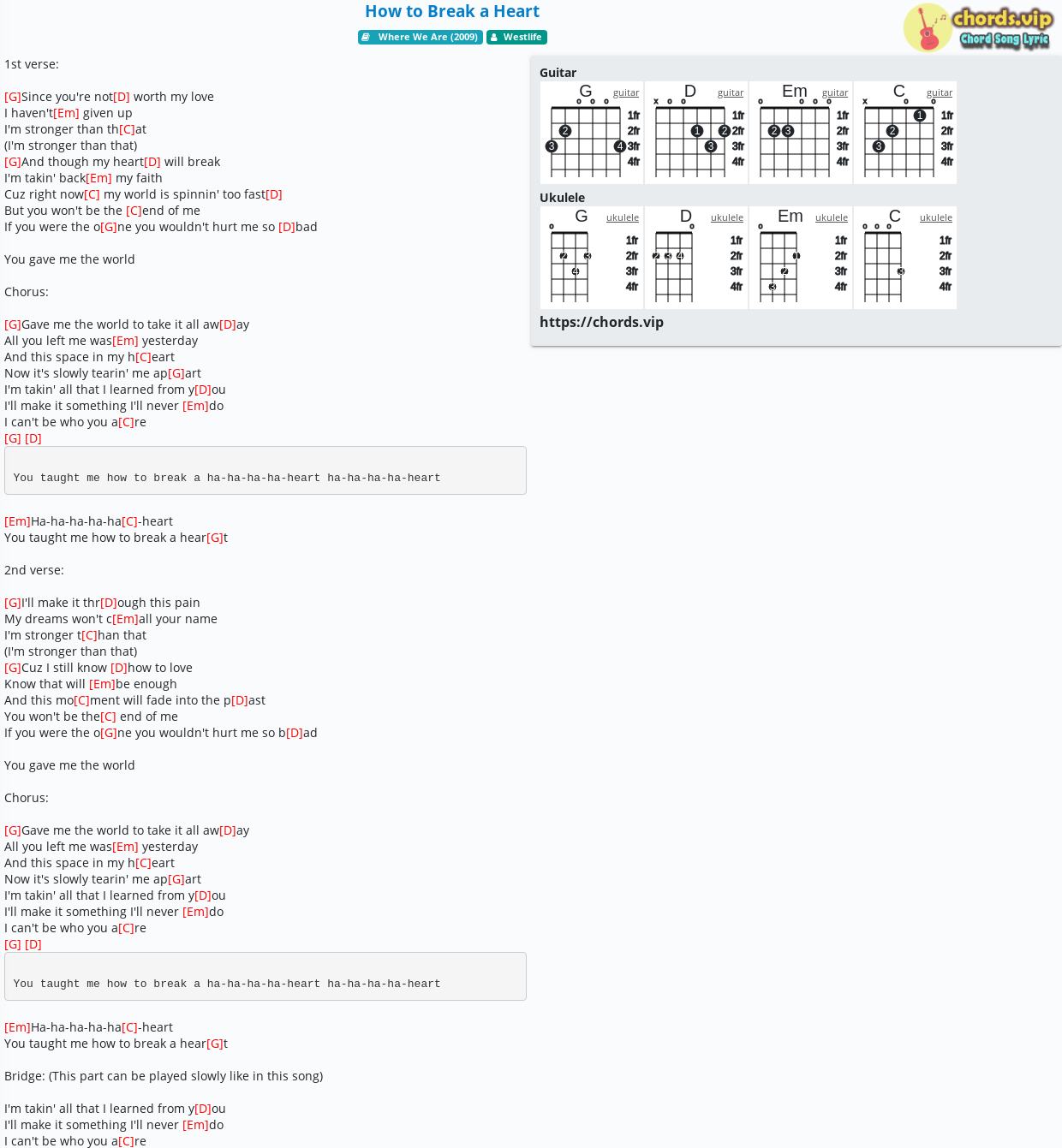 Chord How To Break A Heart Westlife Tab Song Lyric Sheet Guitar Ukulele Chordsvip 