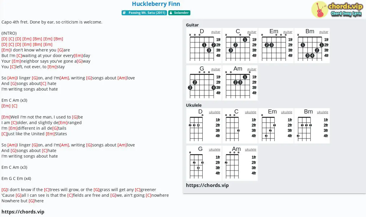 Chord Huckleberry Finn Solander Tab Song Lyric Sheet Guitar Ukulele Chords Vip