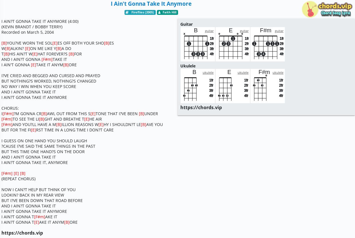 Chord I Aint Gonna Take It Anymore Faith Hill Tab Song Lyric Sheet Guitar Ukulele 