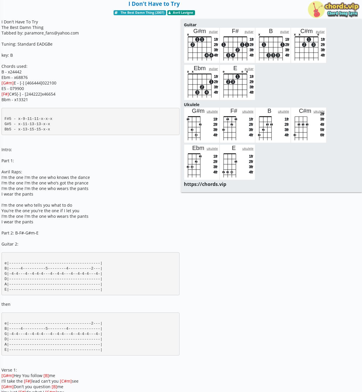 Chord I Don T Have To Try Avril Lavigne Tab Song Lyric Sheet Guitar Ukulele Chords Vip
