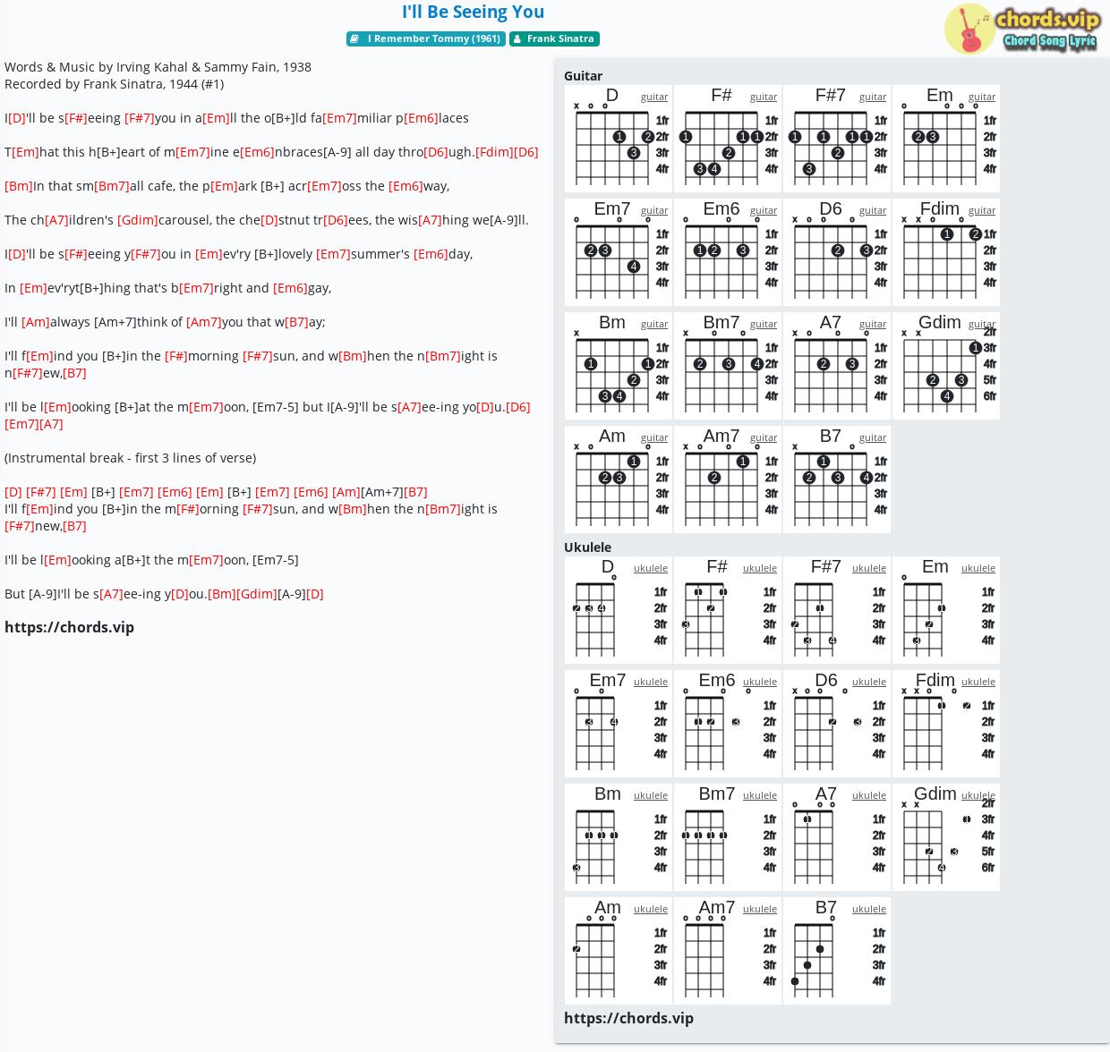 Chord I ll Be Seeing You Tab Song Lyric Sheet Guitar Ukulele 
