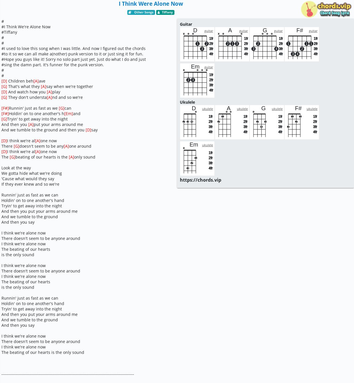 Chord: I Think Were Alone Now - Tiffany - tab, song lyric, sheet