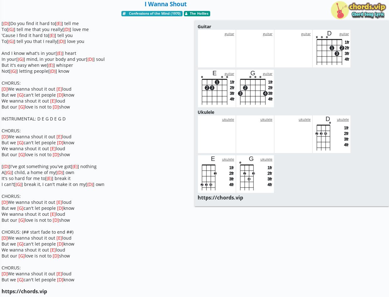 Chord I Wanna Shout The Hollies Tab Song Lyric Sheet Guitar Ukulele Chords Vip