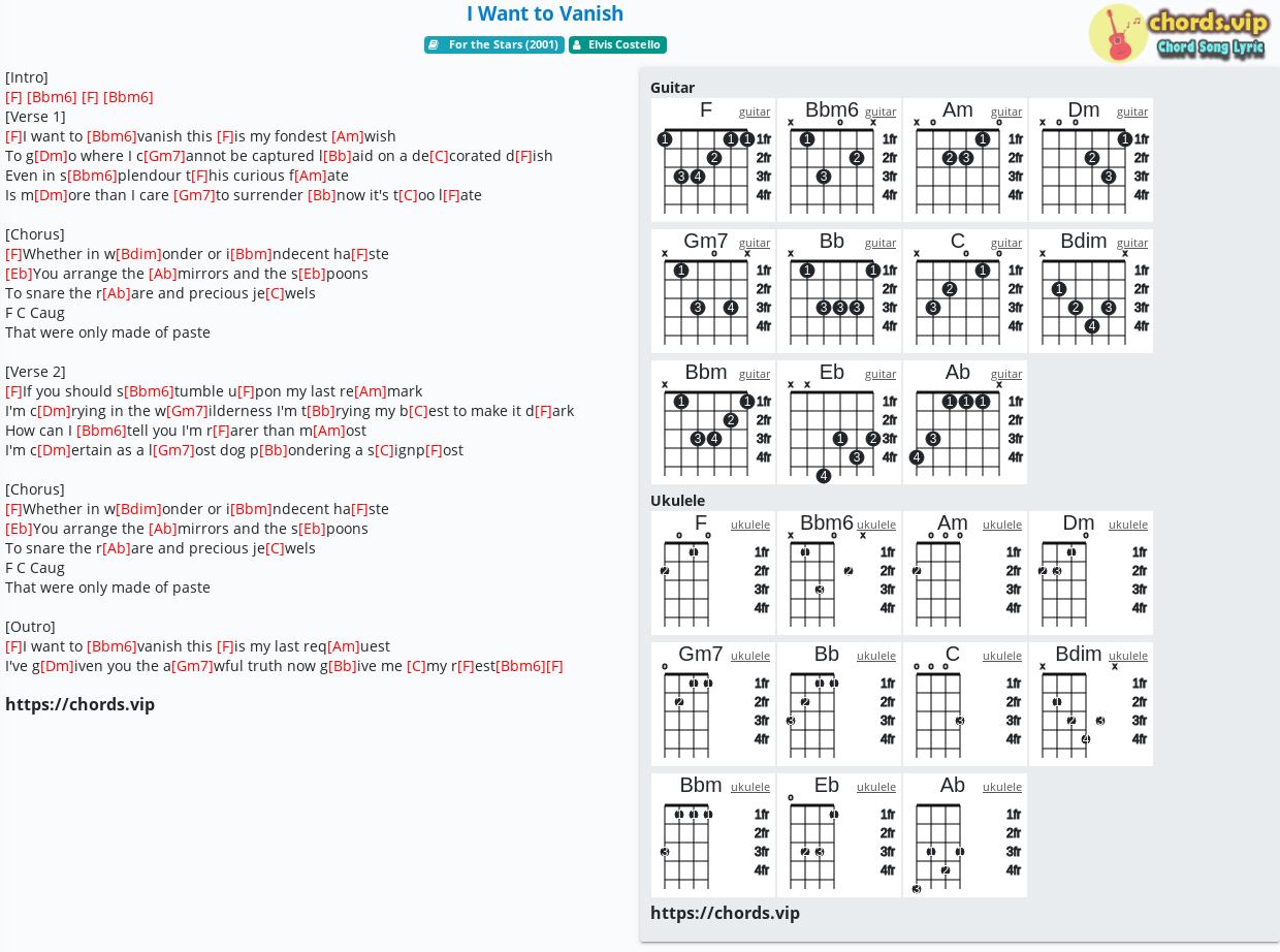 Chord I Want To Vanish Elvis Costello Tab Song Lyric Sheet Guitar Ukulele Chords Vip