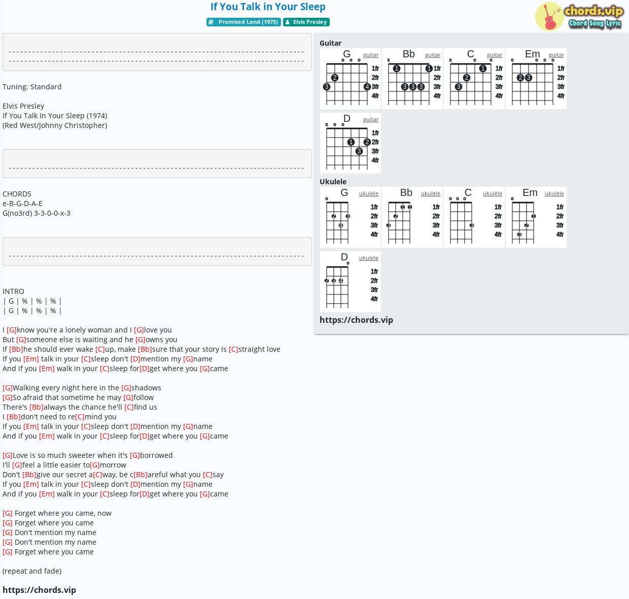 Chord If You Talk In Your Sleep Elvis Presley Tab Song Lyric Sheet Guitar Ukulele Chords Vip