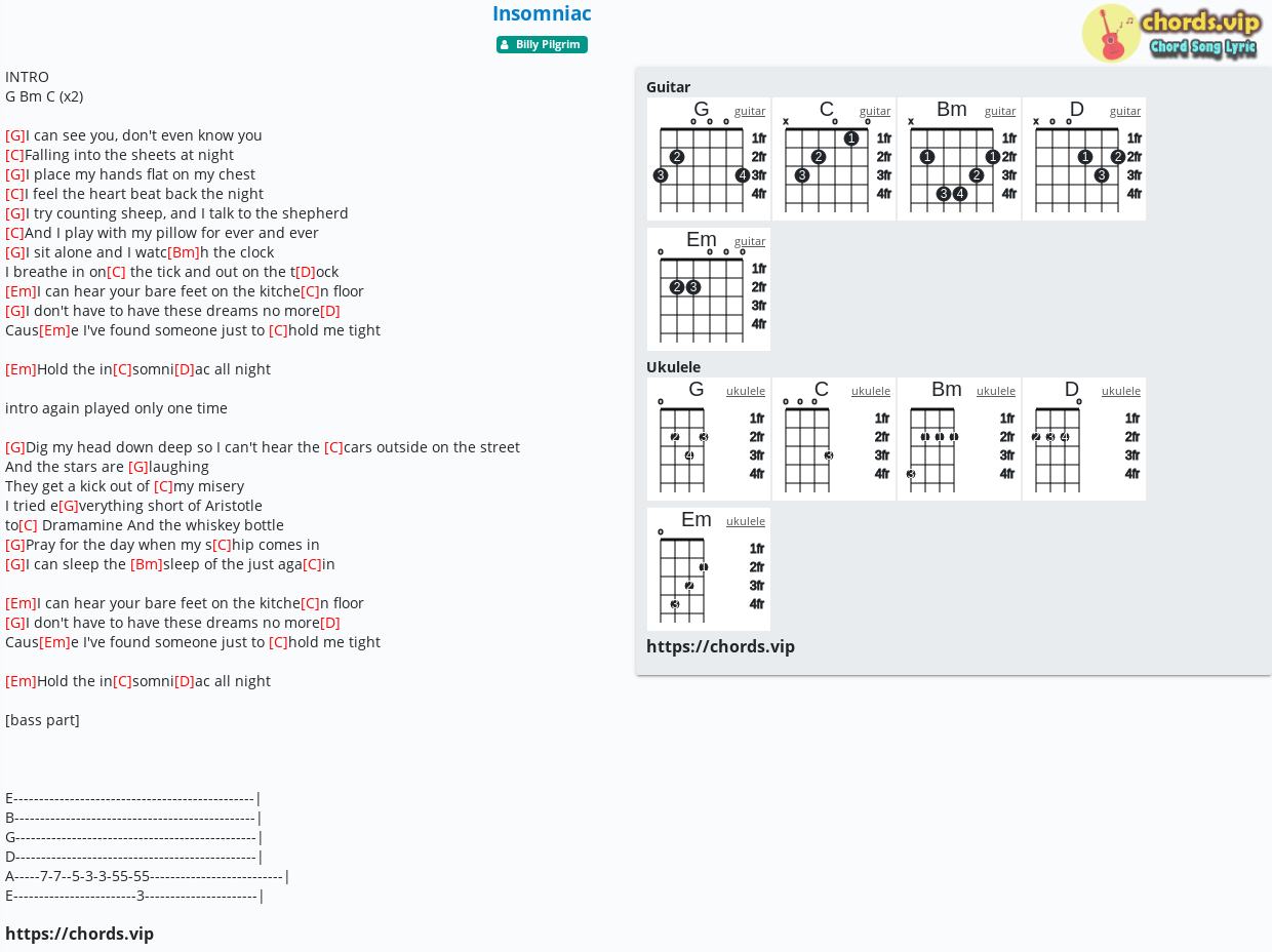 Chord Insomniac Billy Pilgrim Tab Song Lyric Sheet Guitar Ukulele Chords Vip