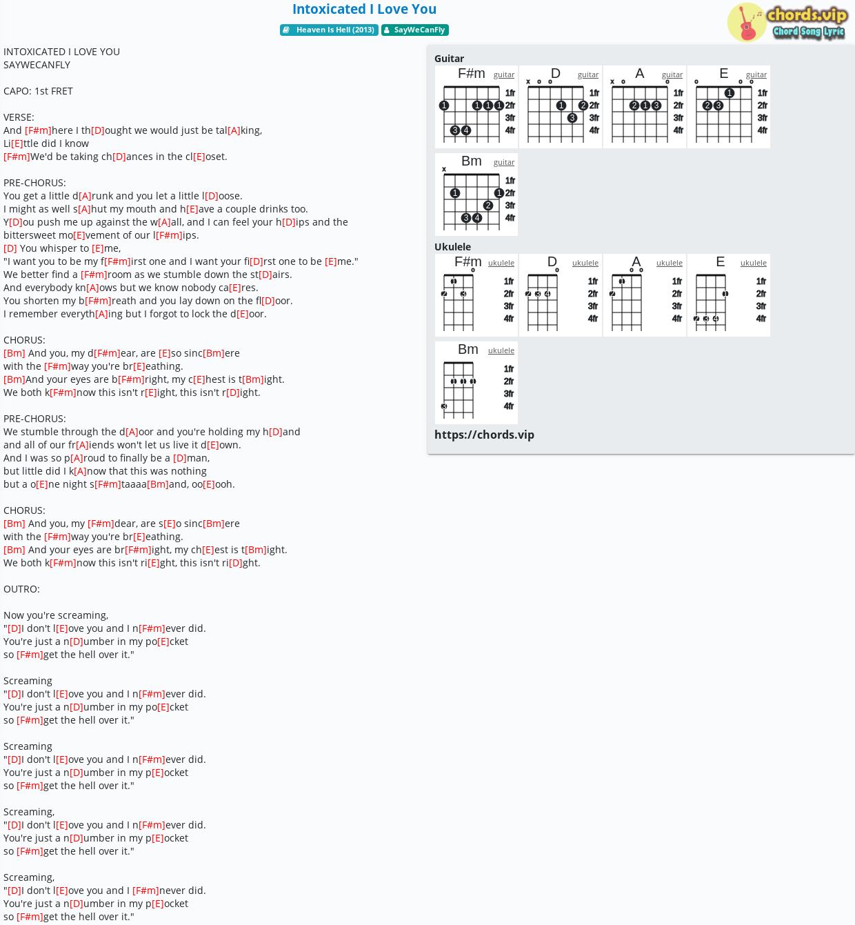 Chord Intoxicated I Love You Saywecanfly Tab Song Lyric Sheet Guitar Ukulele Chords Vip