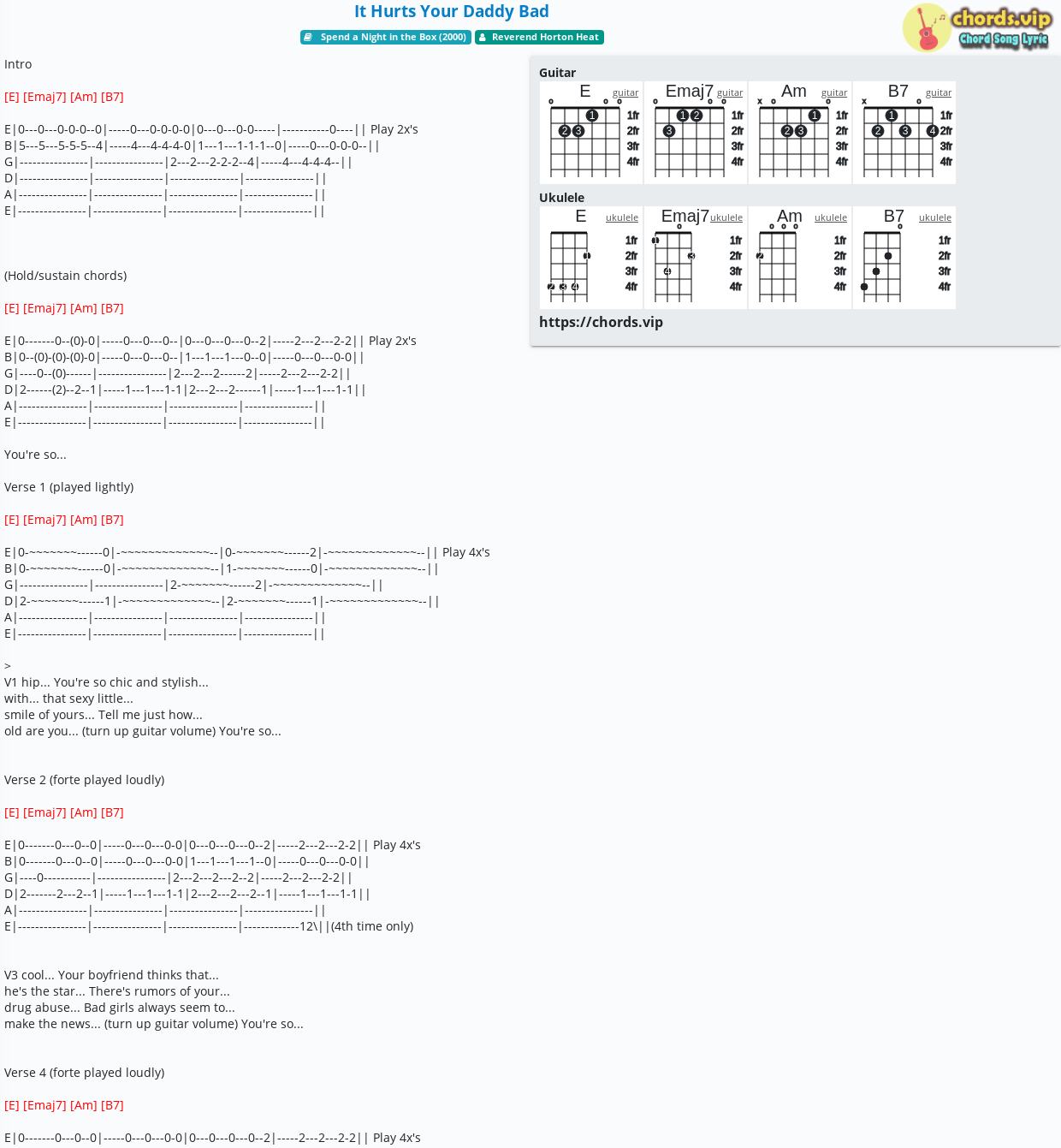 Chord It Hurts Your Daddy Bad Reverend Horton Heat Tab Song Lyric Sheet Guitar Ukulele Chords Vip