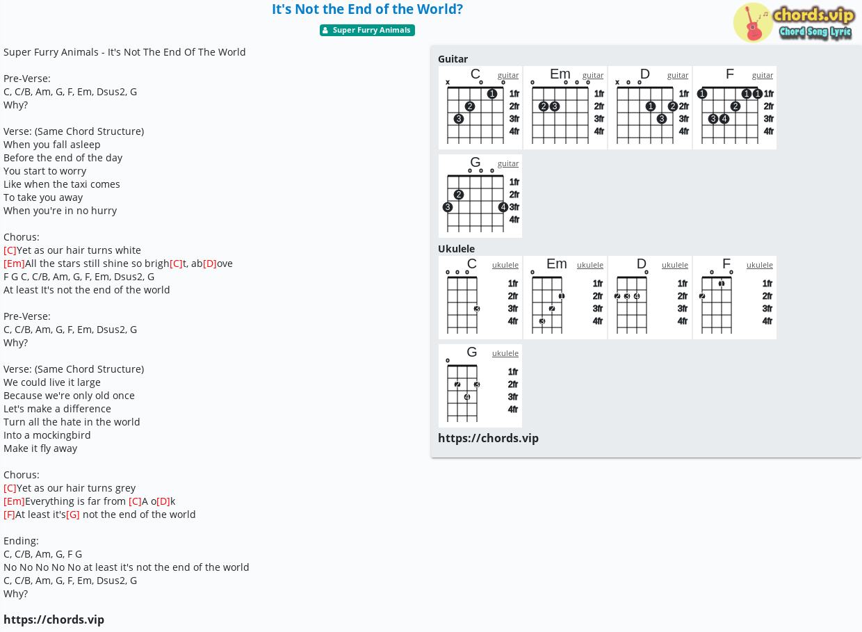 Chord It S Not The End Of The World Super Furry Animals Tab Song Lyric Sheet Guitar Ukulele Chords Vip