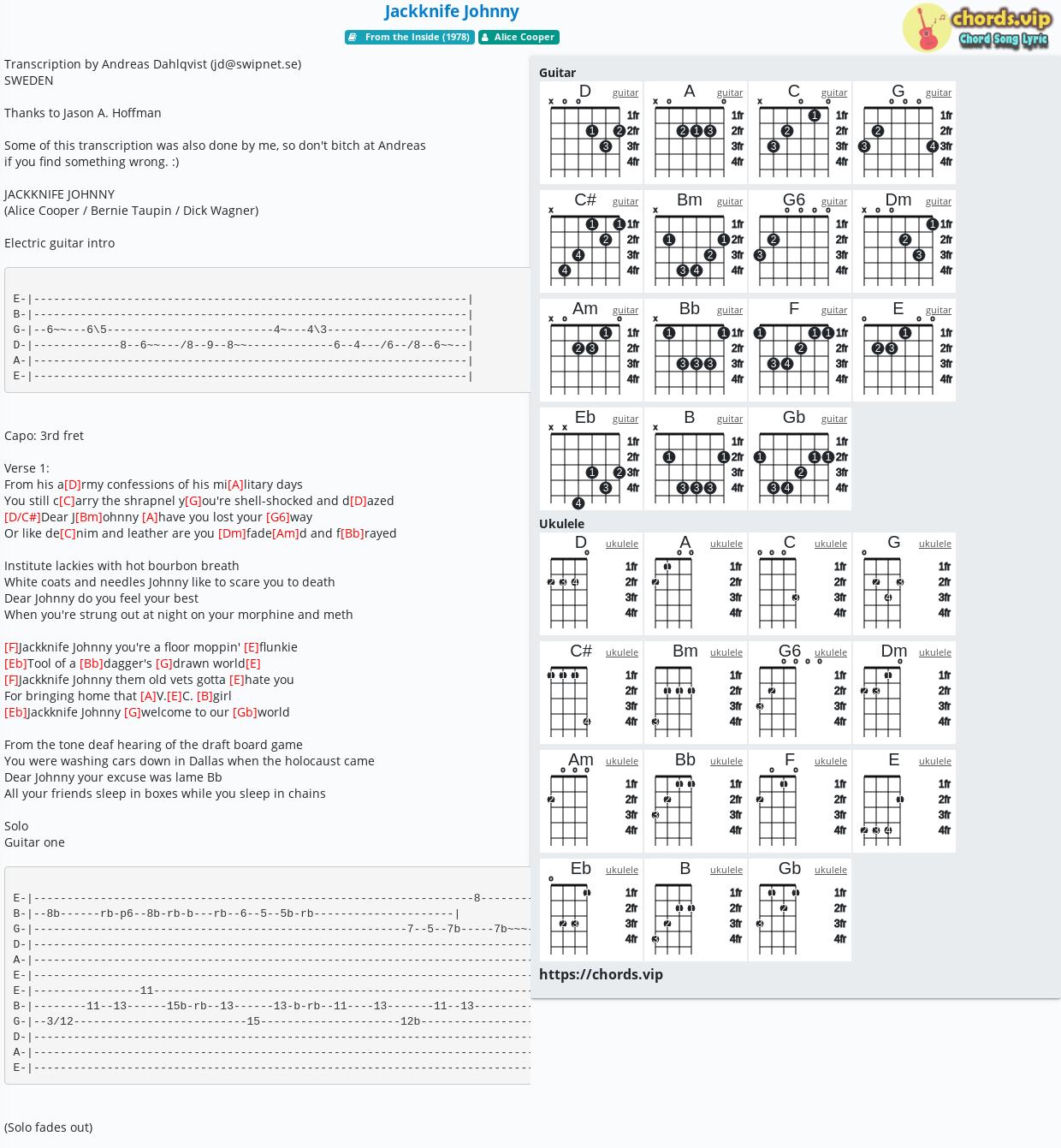 Chord Jackknife Johnny Alice Cooper Tab Song Lyric Sheet Guitar Ukulele Chords Vip