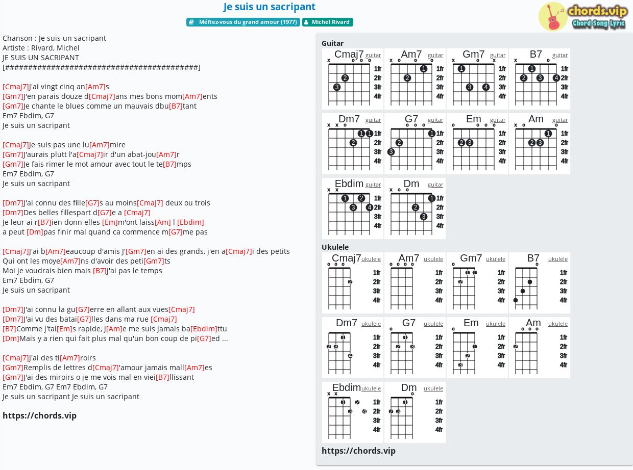 Chord Je Suis Un Sacripant Michel Rivard Tab Song Lyric Sheet Guitar Ukulele Chords Vip