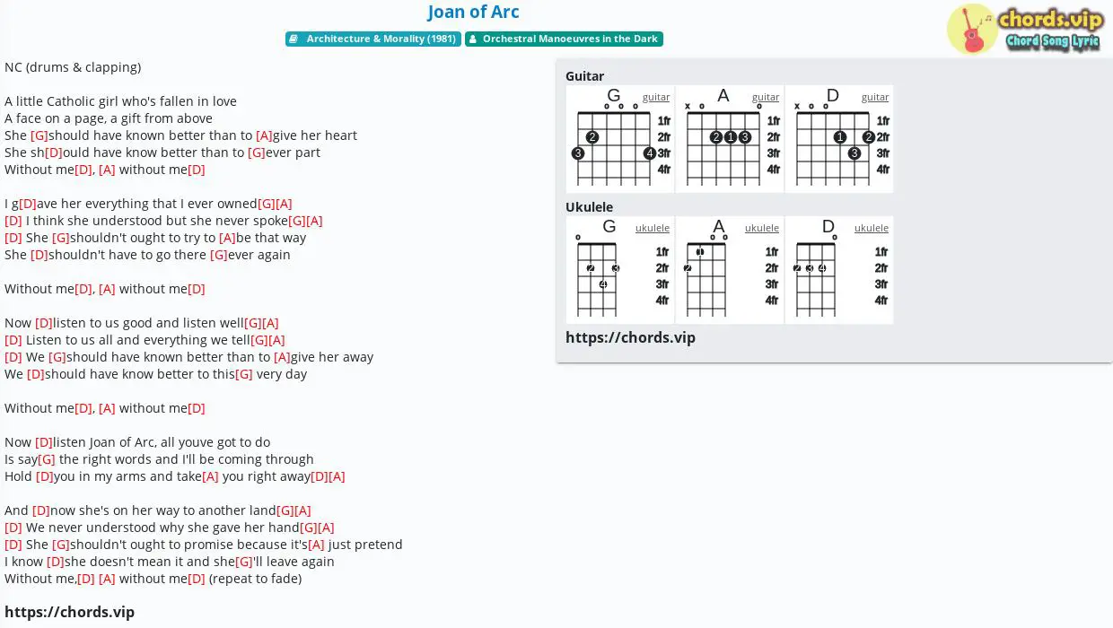 Chord Joan Of Arc Orchestral Manoeuvres In The Dark Tab Song Lyric Sheet Guitar Ukulele Chords Vip