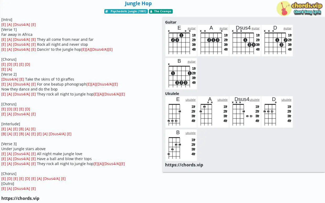 Chord Jungle Hop The Cramps Tab Song Lyric Sheet Guitar Ukulele Chords Vip