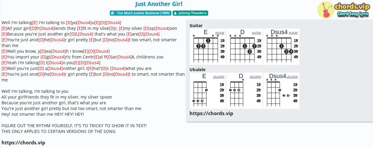 Chord Just Another Girl Johnny Thunders Tab Song Lyric Sheet Guitar Ukulele Chords Vip