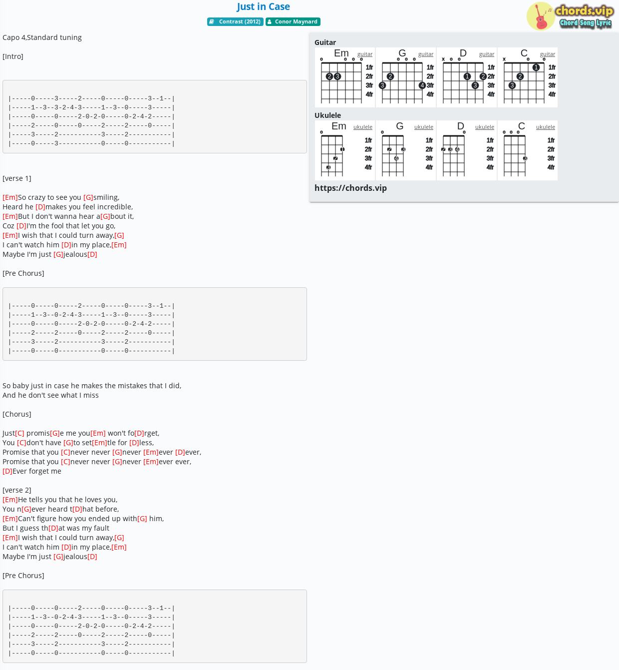 Chord Just In Case Conor Maynard Tab Song Lyric Sheet Guitar Ukulele Chords Vip