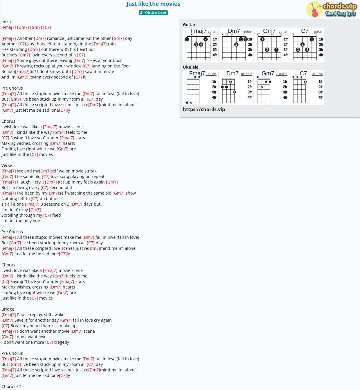 Chord Just Like The Movies Kristian Lloyd Tab Song Lyric Sheet Guitar Ukulele Chords Vip