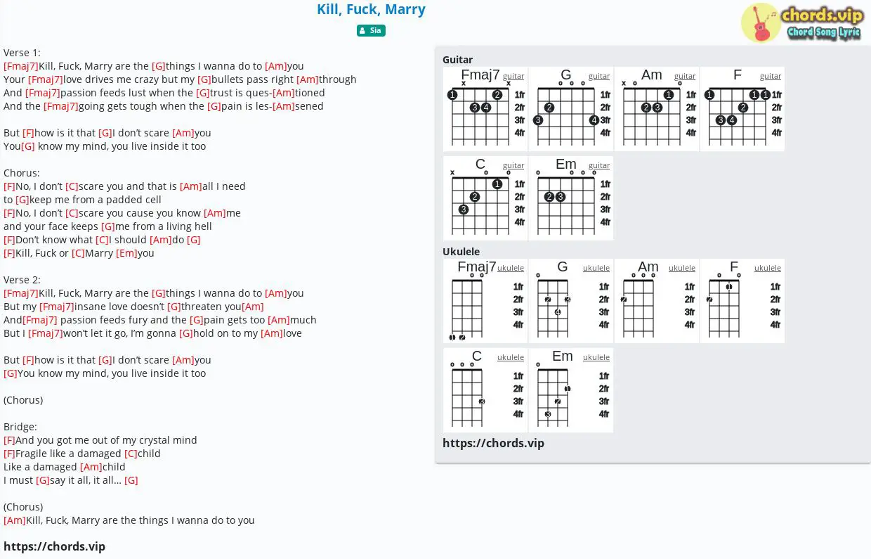 Hợp âm Kill Fuck Marry Sia Cảm âm Tab Guitar Ukulele Lời Bài Hát Chordsvip 