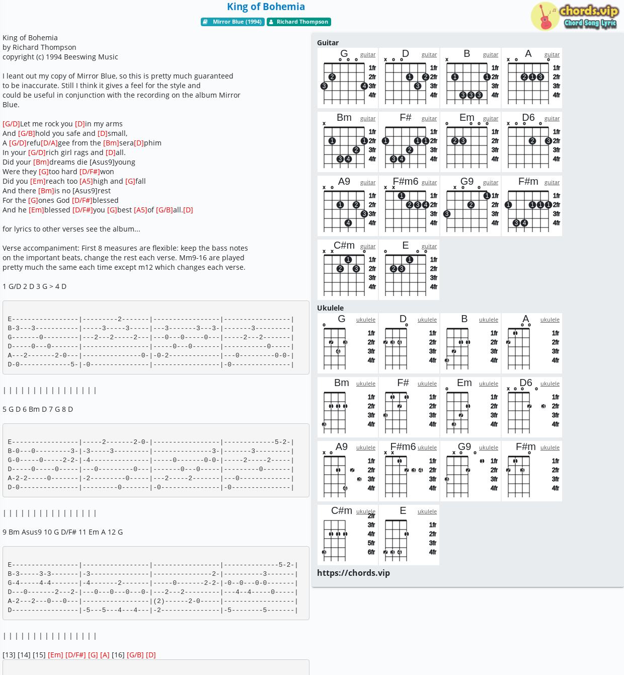 Chord King Of Bohemia Richard Thompson Tab Song Lyric Sheet Guitar Ukulele Chords Vip
