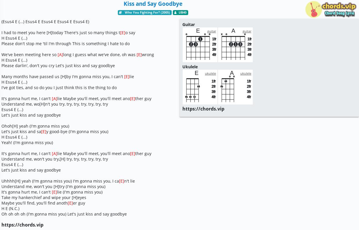 Chord Kiss And Say Goodbye UB40 Tab Song Lyric Sheet Guitar 