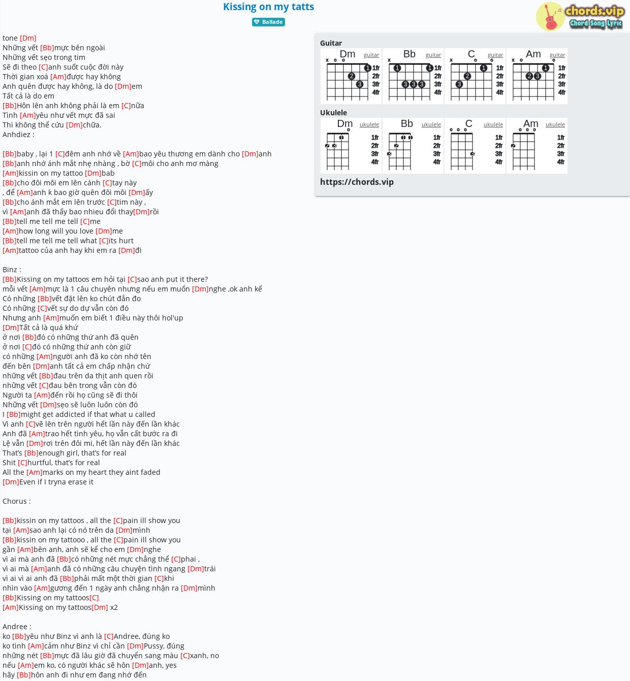 Chord Kissing on my tatts tab, song lyric, sheet, guitar, ukulele