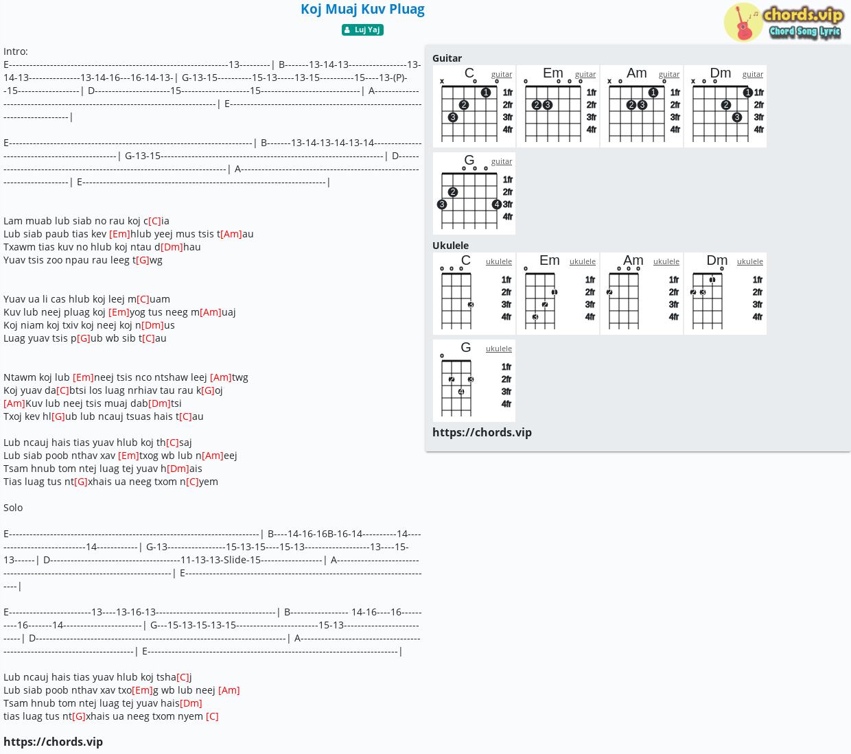 Chord: Koj Muaj Kuv Pluag - Luj Yaj - tab, song lyric, sheet, guitar,  ukulele 