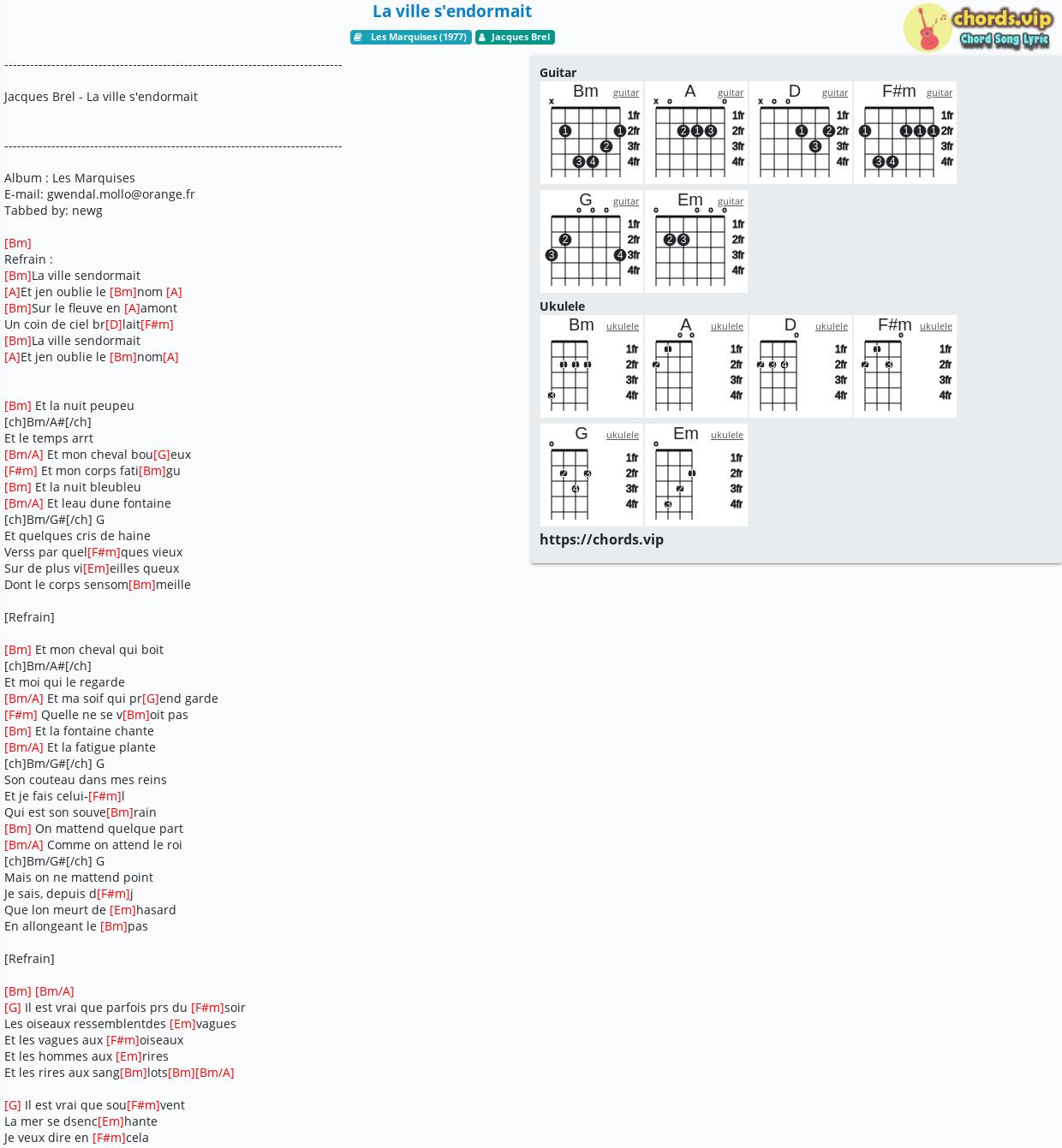 Chord La Ville S Endormait Jacques Brel Tab Song Lyric Sheet Guitar Ukulele Chords Vip