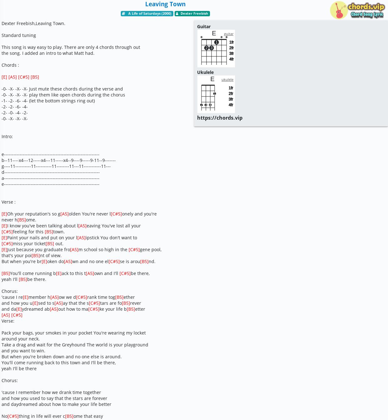 Chord Leaving Town Dexter Freebish Tab Song Lyric Sheet Guitar Ukulele Chords Vip
