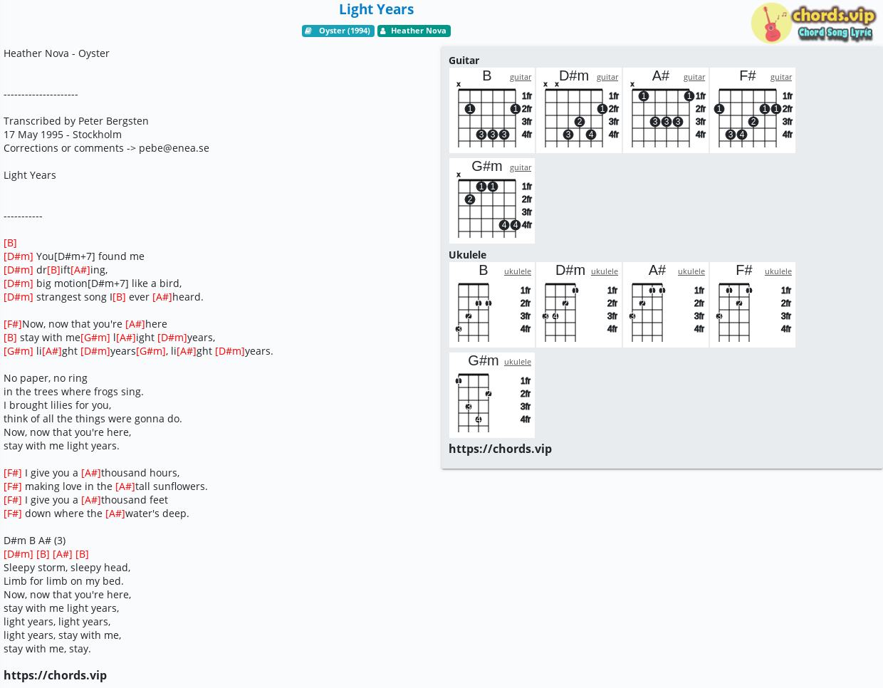 Chord: Light Years - Heather Nova - tab, song lyric, sheet, guitar