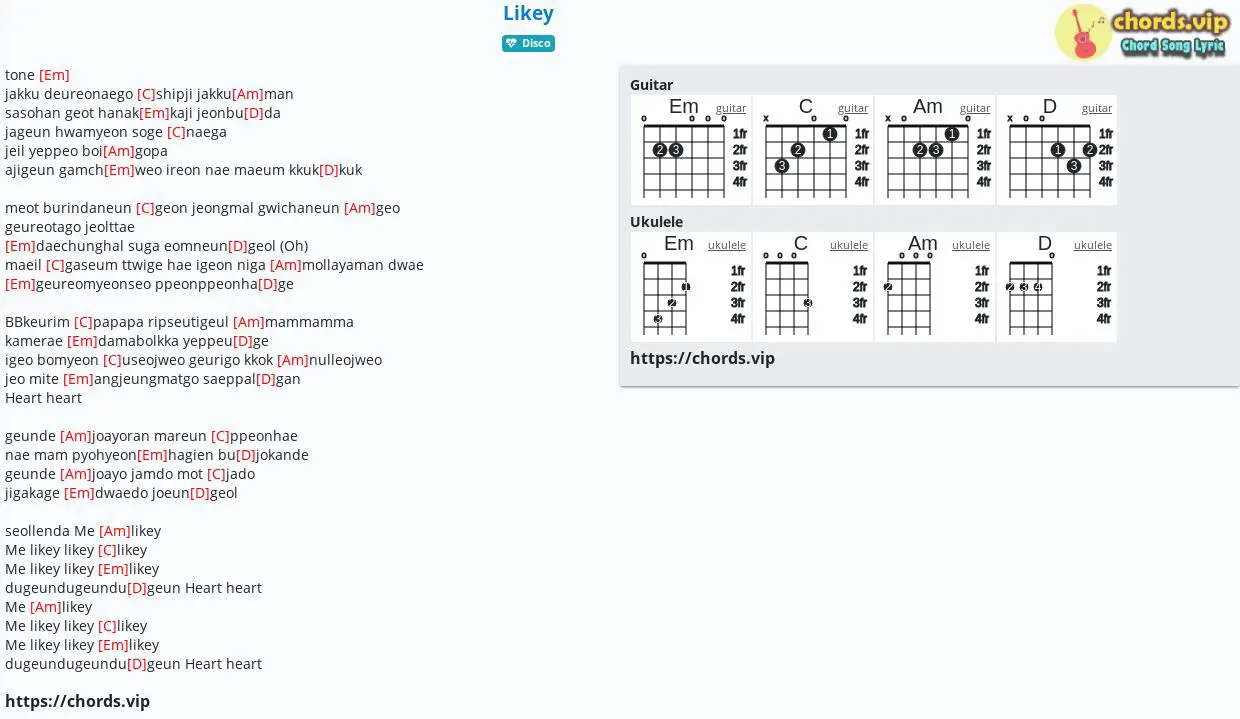 Chord Likey Tab Song Lyric Sheet Guitar Ukulele Chords Vip