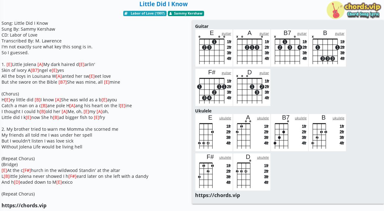 Chord Little Did I Know Sammy Kershaw Tab Song Lyric Sheet 