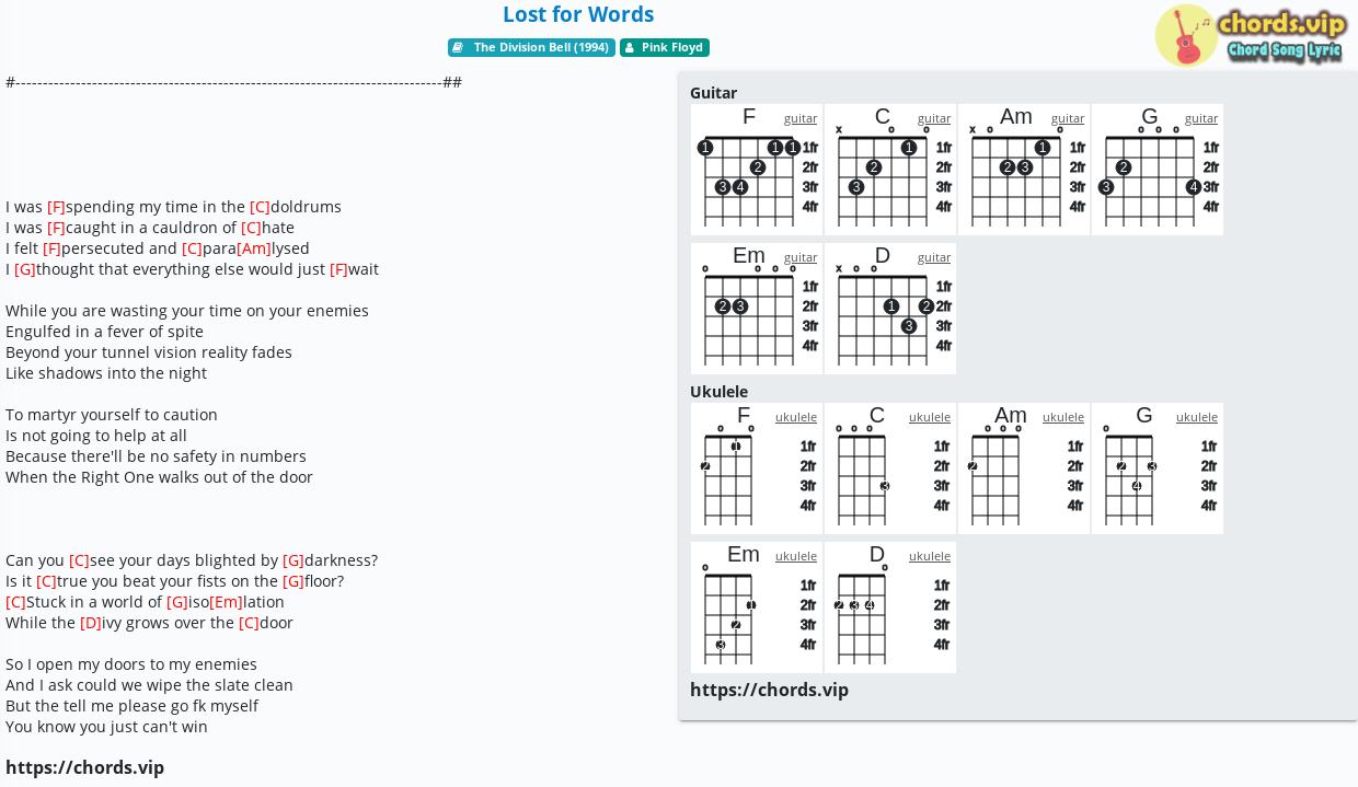 H p m Lost For Words Pink Floyd C m m Tab Guitar Ukulele L i 